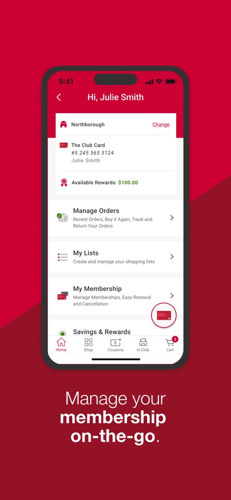 BJs Wholesale Club - Users gain instant access to their personal details, including available "Rewards", and options to "Manage Orders" directly from this screen.