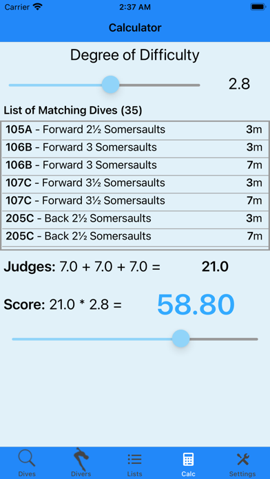 Dive List Screenshot