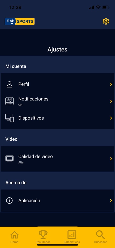 Tigo Sports Guatemala - Personnalisez votre expérience grâce aux paramètres d'optimisation vidéo, notamment la 'Calidad de video', et gérez vos préférences via les options de 'Notificaciones' et de 'Dispositivos' pour un contrôle total.
