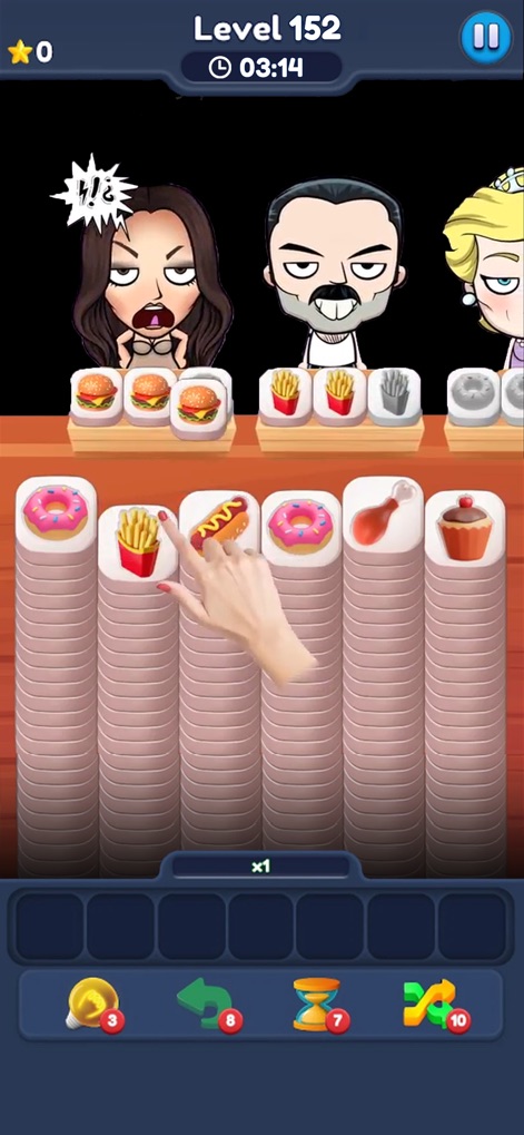 Food Match 3D: Tile Puzzle - This image highlights customer demands at the top of the screen and a user's interaction with the diverse food items on the matching grid.