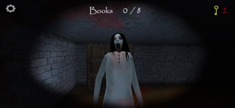 Slendrina The Cellar - Witness a terrifying jump scare moment with Slendrina's haunting visage, alongside the crucial in-game UI displaying the 'Books 0/8' progress and key inventory.