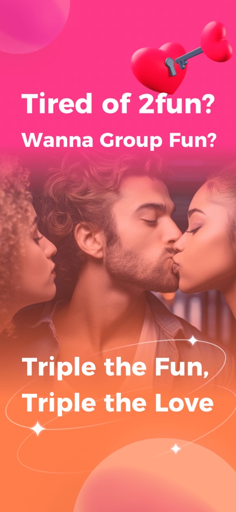 3way: Couples & Singles Dating - This engaging visual immediately sets the tone for exploring unconventional relationships, featuring an inclusive image of a throuple and a symbolic heart-and-key motif.