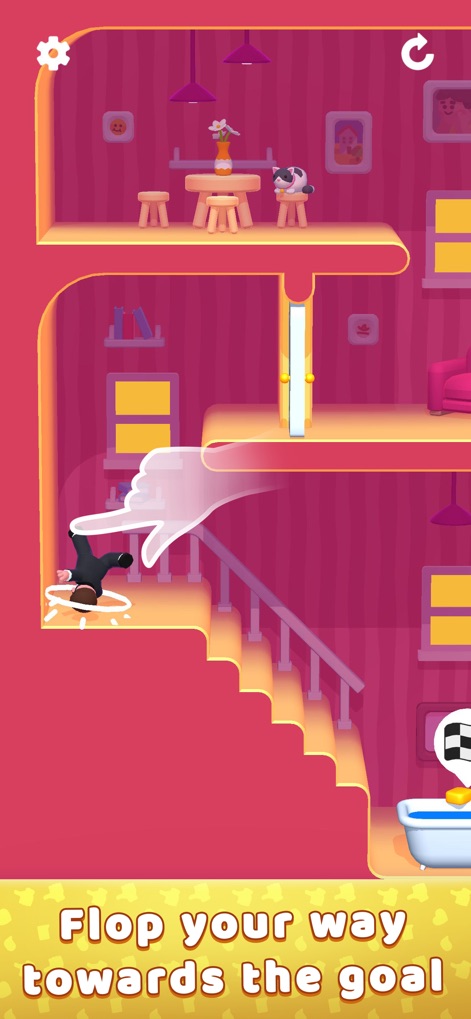 Lazy Jump 3D - Observe the multi-level house interior and the ragdoll character's floppy journey towards the bathtub goal.