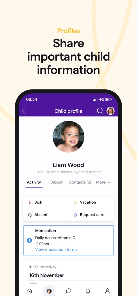 Famly App - Explore the detailed child profile where users can manage important information and leverage quick action buttons for status updates like 'Sick' or 'Request care'.