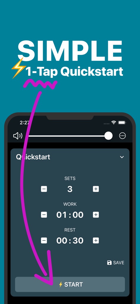 Interval Timer Plus - 本アプリは「1-Tap Quickstart」機能により、トレーニングを素早く開始できます。ユーザーは「SETS」「WORK」「REST」などのパラメータを簡単に調整し、独自のワークアウト設定を瞬時に起動できます。