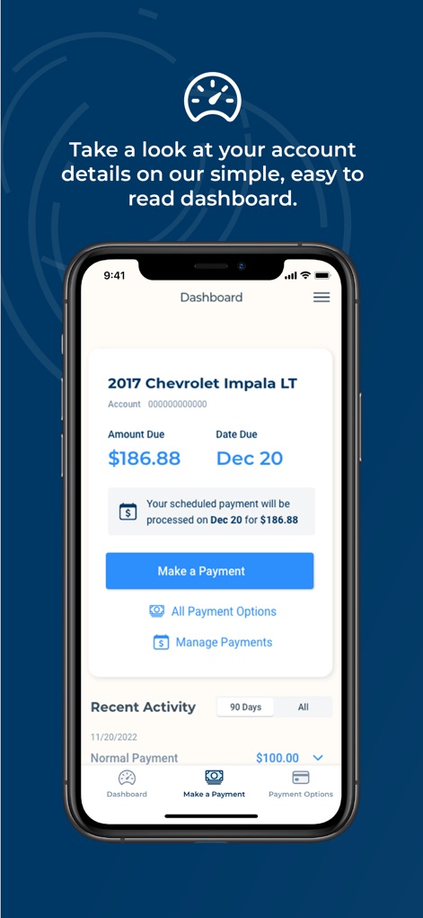 Bridgecrest - ユーザーは、未払い額と支払い期日を明確に表示する「Amount Due」セクション、および直近の支払い履歴を示す「Recent Activity」リストを通じて、口座の全体像を迅速に把握できます。