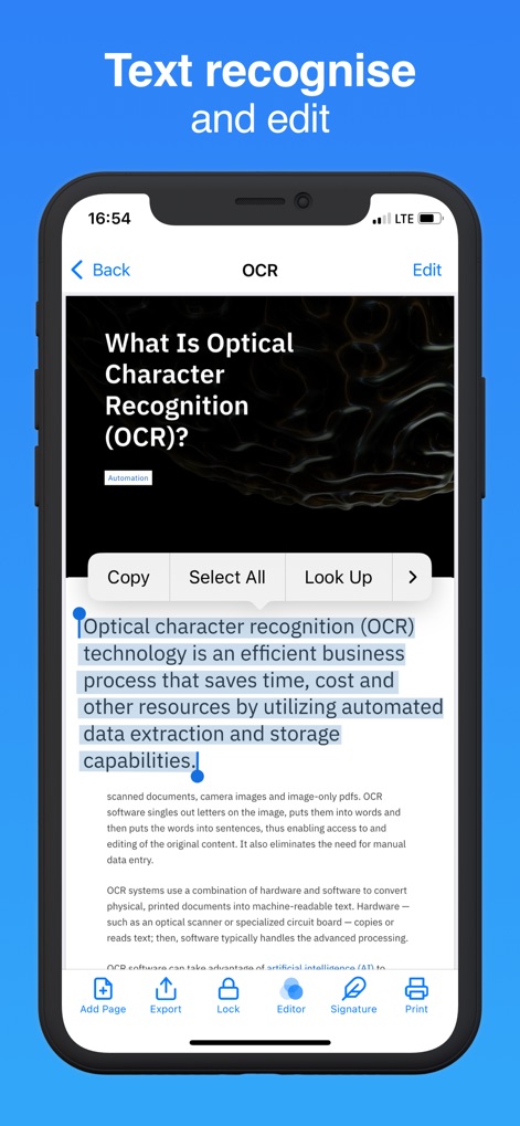 Document Scanner · Scan to PDF - The app's intelligent OCR highlights editable text and provides direct editing and "Copy" functionalities.