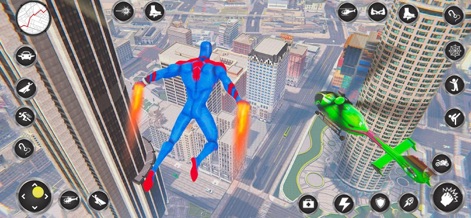 Spider Rope Hero Man Games - Los usuarios pueden apreciar las capacidades de vuelo del héroe, evidenciadas por los chorros de propulsión naranjas de sus manos y la presencia de un helicóptero verde, que añade a la acción aérea.