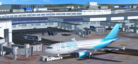 RFS - Real Flight Simulator - Explore the intricate ground operations with various service vehicles and the realistic rendering of jet bridges at bustling terminal buildings.