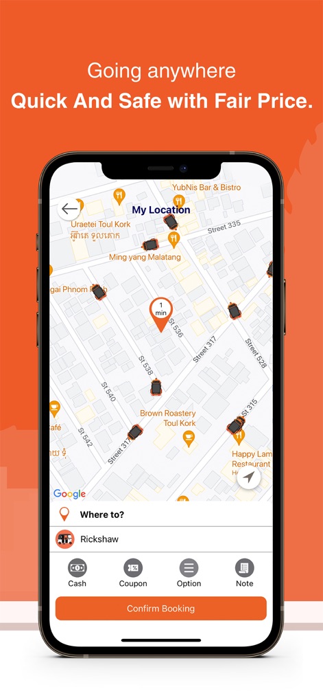 PassApp Taxi and Delivery - ユーザーは現在地周辺の利用可能なドライバーをリアルタイムで地図上に確認でき、「Where to?」という目的地入力フィールドから簡単に配車を依頼できます。