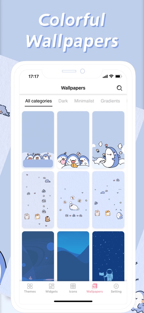 Themes: Color Widgets, Icons - Explore the "Colorful Wallpapers" section, featuring diverse wallpaper categories and charming cartoonish designs to match any mood.