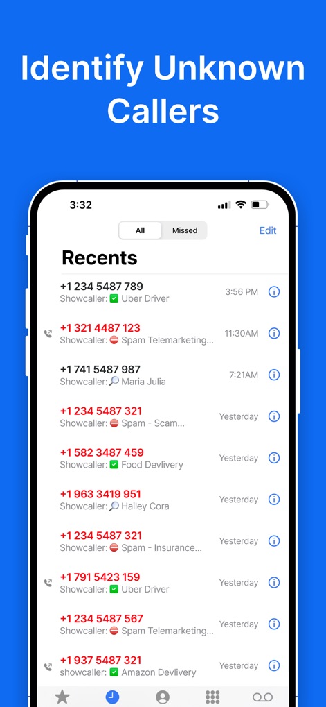 Show Caller Name & Block Spam - La cronologia delle chiamate "Recents" offre un'identificazione immediata, etichettando chiamanti come "Showcaller: Uber Driver" o avvisando di "Showcaller: Spam Telemarketing" per le minacce.