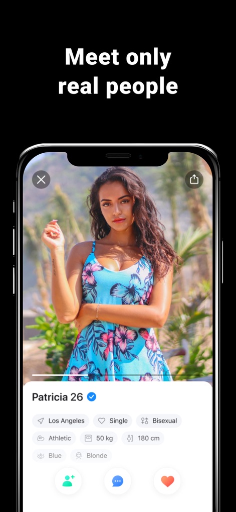 Dating & Chat – Badanga - Nutzer können detaillierte Profilinformationen wie Hobbys und Größe einsehen, was die Aussage "Meet only real people" visuell untermauert.