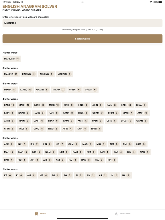 English Anagram Solver iPad screenshot 1 - Reference app