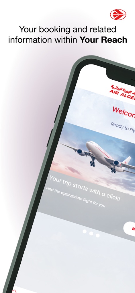 Air Algérie - La aplicación presenta una pantalla de bienvenida con una imagen atractiva de un avión en despegue y un claro mensaje "Your trip starts with a click!".