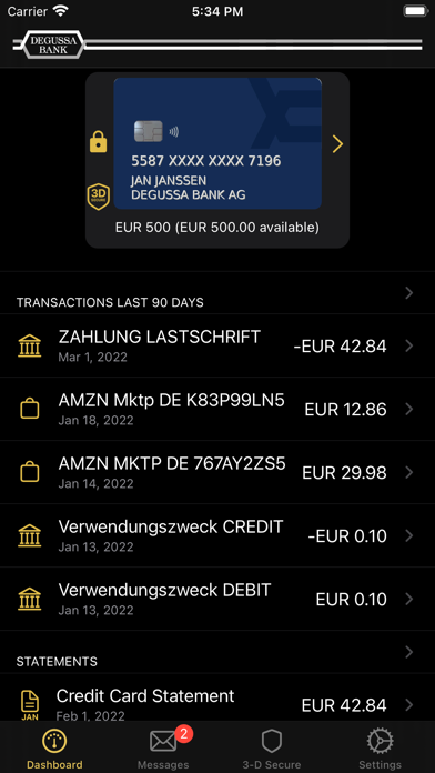 Degussa Bank My Card Manager Screenshot