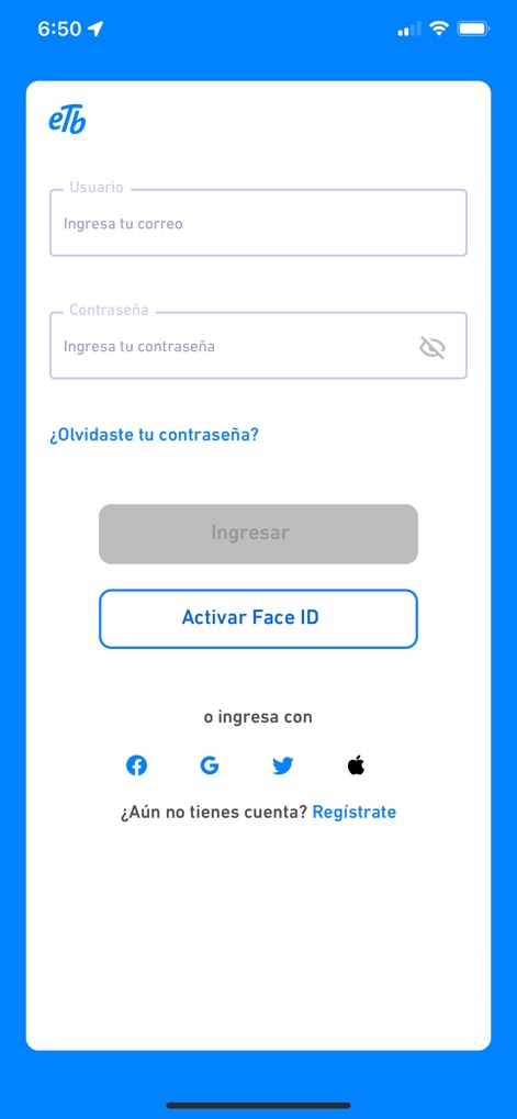 Mi ETB - Die App bietet eine klare Anmeldeoberfläche mit Feldern für E-Mail und Passwort sowie einer prominenten Option zur biometrischen Anmeldung mittels Face ID.
