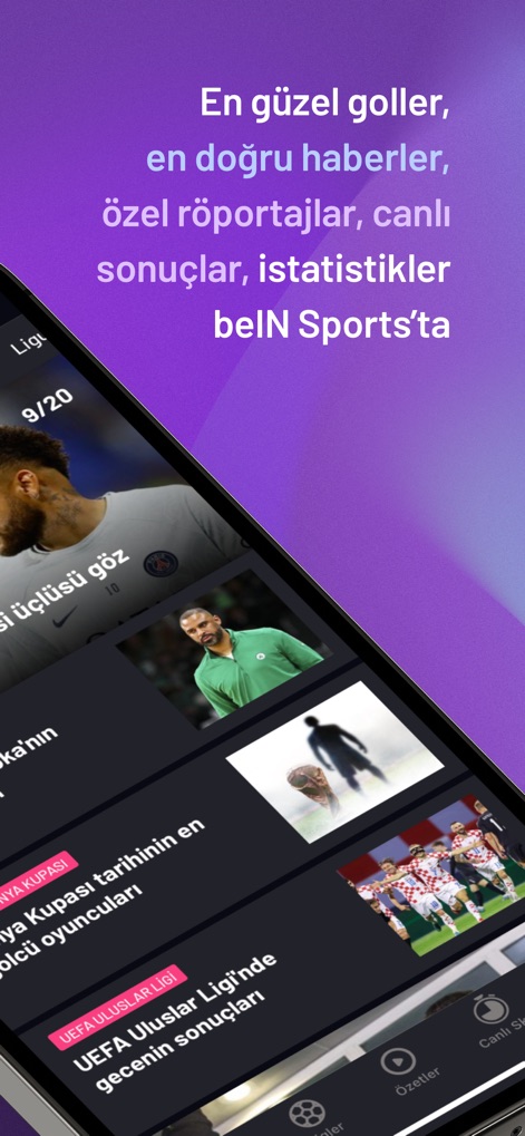 beIN SPORTS TR - アプリは、縦にスクロール可能なニュースフィードと、プレイヤー画像に関連付けられた記事スニペットを提供し、多様なスポーツコンテンツを届けます。