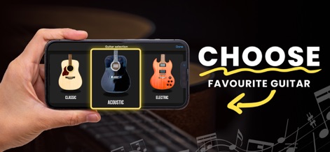 Real Guitar : Chords & Tabs - Les utilisateurs peuvent choisir leur instrument préféré grâce à l'interface de sélection des guitares, mettant en évidence la guitare acoustique pour un son authentique.