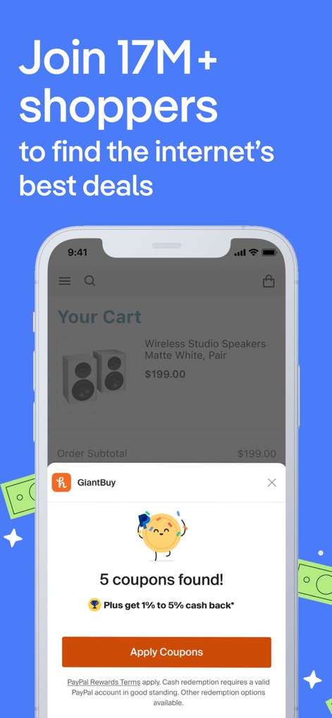 PayPal Honey: Coupons, Rewards - Witness the app's capability to find '5 coupons found!' and prompt users to 'Apply Coupons' with a single action, streamlining the savings process.