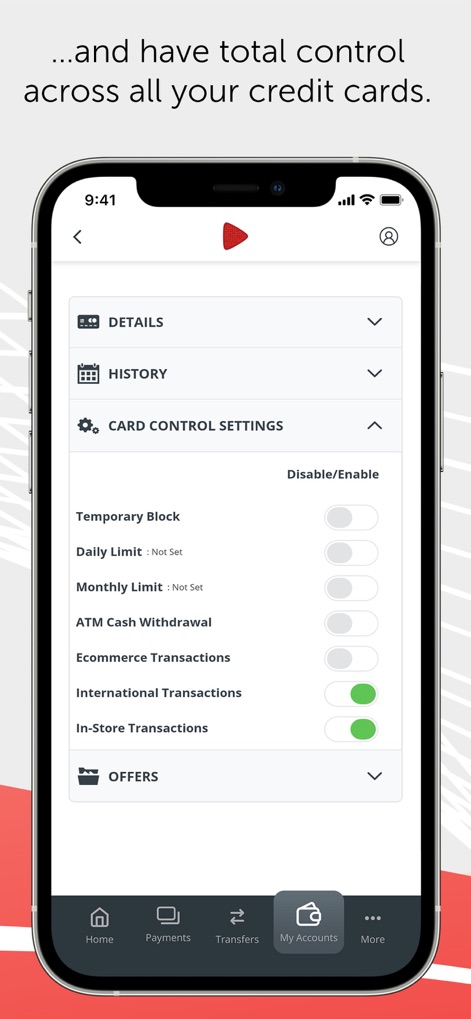 ADCB - Diese Sektion ermöglicht die Anpassung von Kartenkontrollen durch Aktivierungsschalter für tägliche Limits und internationale Transaktionen.