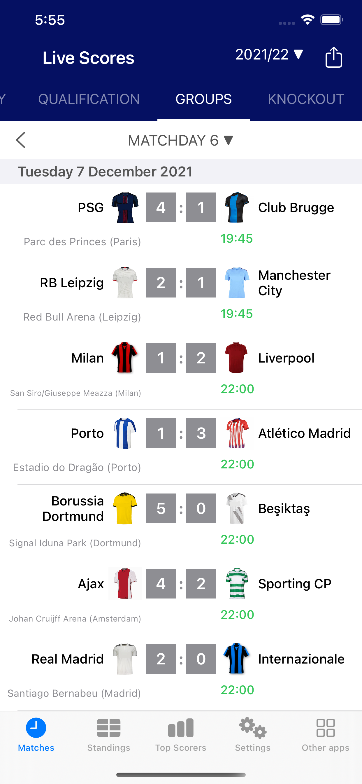 Results for Champions League