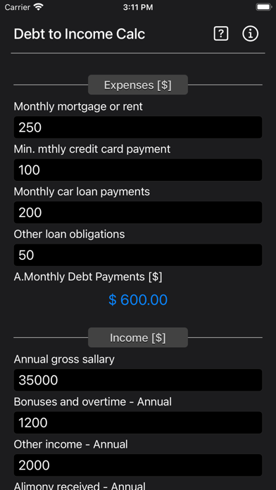 Debt 2 Income Calculator Screenshot