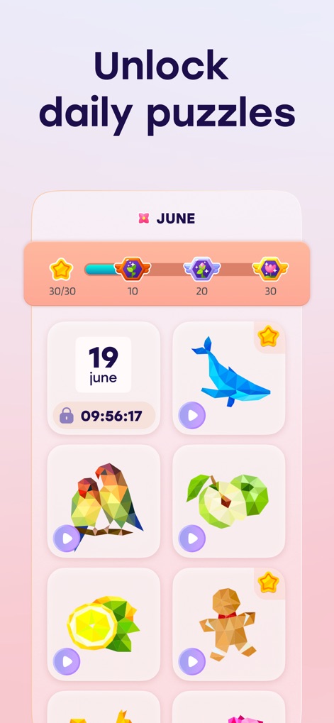 Star Art: Drawing & Relaxing - L'application propose des défis quotidiens pour un engagement constant, affichant des puzzles à débloquer par date et une progression illustrée par des étoiles et des trophées mensuels.