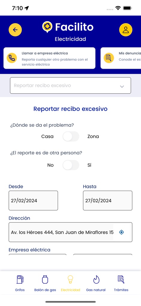 Facilito - This tool empowers users to manage electricity services, offering direct options to 'Llamar a empresa eléctrica' (Call electricity company) and an intuitive form to 'Reportar recibo excesivo' (Report excessive bill).