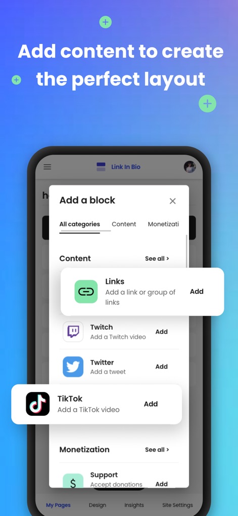 Beacons: Creator Tools - This tool offers a streamlined "Add a block" interface, allowing users to effortlessly integrate diverse content types such as social media links and direct monetization options like donations.