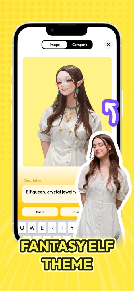 Anime Filter - The app empowers users to integrate unique fantasy themes through text-based customization, generating intricate elements like 'crystal jewelry' for their anime avatars.