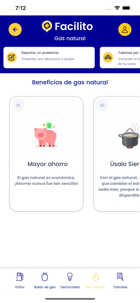 Facilito - Users can explore the advantages of natural gas through clear benefit cards, prominently featuring 'Mayor ahorro' (Greater savings) with its piggy bank icon and tips for constant use with the cooking pot icon.