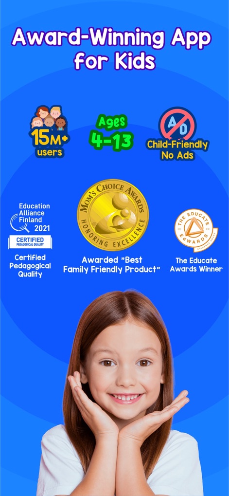 MentalUP - Kids Learning Games - This app proudly displays its prestigious awards, such as the Mom's Choice Award, alongside its impressive user base of over 15 million, highlighting its trusted and widespread appeal.