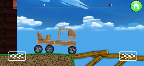 Car Craft: Vehicle creator - The app features diverse vehicle trials, showcasing custom-built wooden trucks traversing challenging wooden bridge structures and varied ground surfaces.