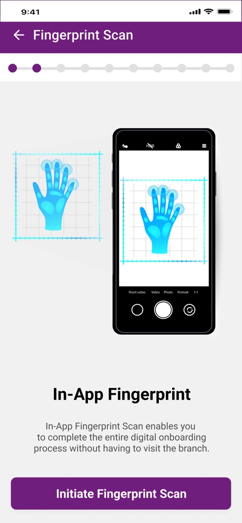 Meezan Digital Account Opening - The app integrates secure biometric authentication, displaying an illustration for 'In-App Fingerprint' scanning and a prominent 'Initiate Fingerprint Scan' button to streamline the onboarding.