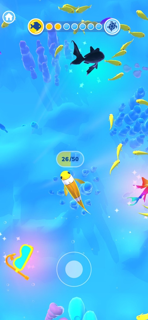 Evolution Merge - Eat and Grow - This screenshot highlights the dynamic underwater gameplay, showing a fish avatar collecting smaller prey and a detailed evolution path at the top with a current progress count.