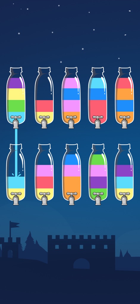 Water Sort Puzzle - Se observa la diversidad de los envases con grifos incorporados y la acción de trasvasar líquidos coloridos, como el azul claro y el amarillo, ofreciendo un desafío distintivo.