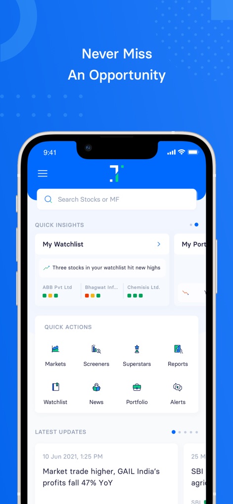 Trendlyne - Stocks & Finance - L'app funge da centro di controllo personalizzato, offrendo accesso immediato a funzionalità tramite la sezione QUICK ACTIONS e mantenendo gli utenti informati con un feed costante di LATEST UPDATES di mercato.