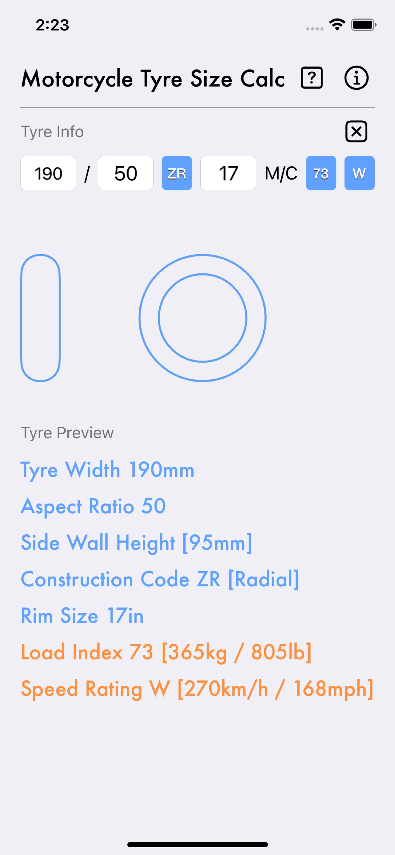 Motorcycle Tyre Size Calc
