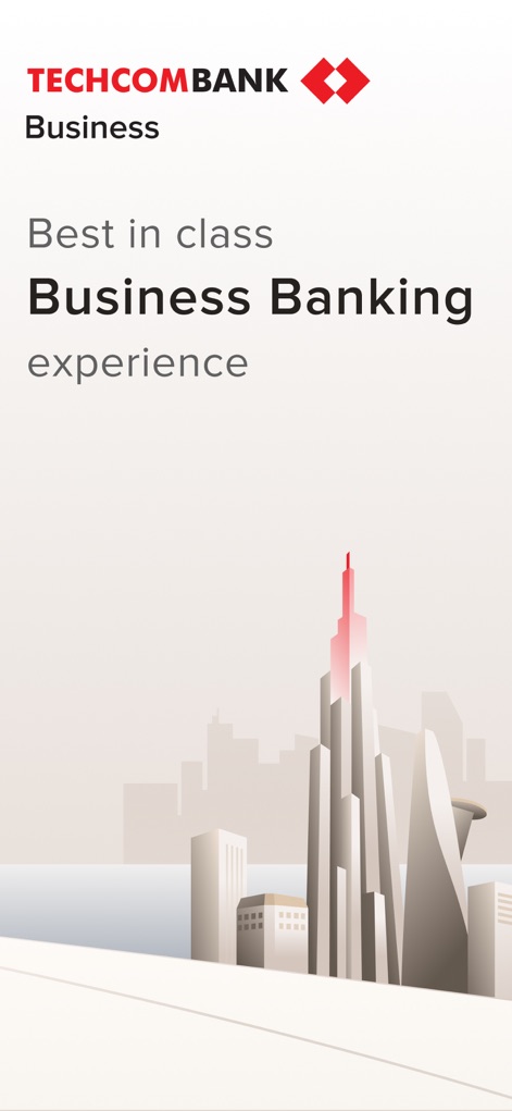 Techcombank Business - La aplicación presenta una experiencia de banca empresarial de vanguardia, destacada por el lema 'Best in class Business Banking experience' y un diseño visual con un icónico rascacielos estilizado.