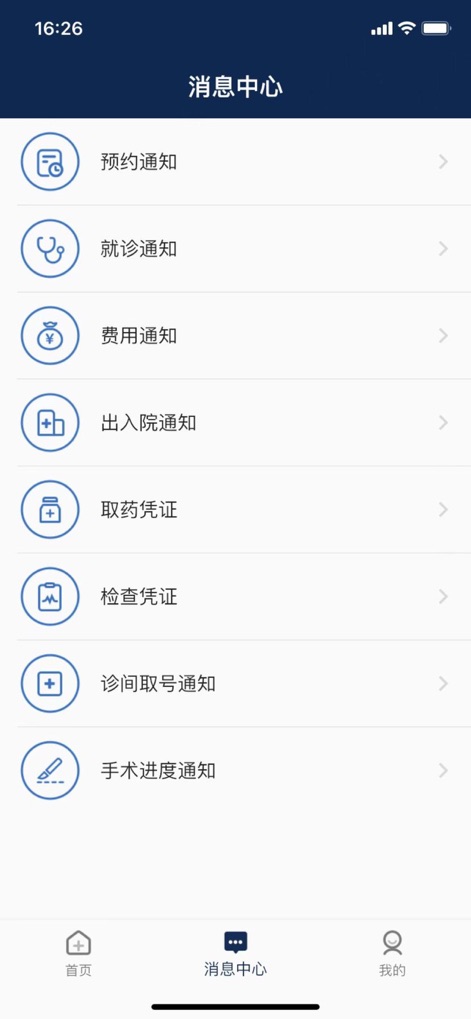 中山眼科中心 - The message center keeps patients informed with timely updates, covering "预约通知" (appointment notifications) and "手术进度通知" (surgery progress notifications).