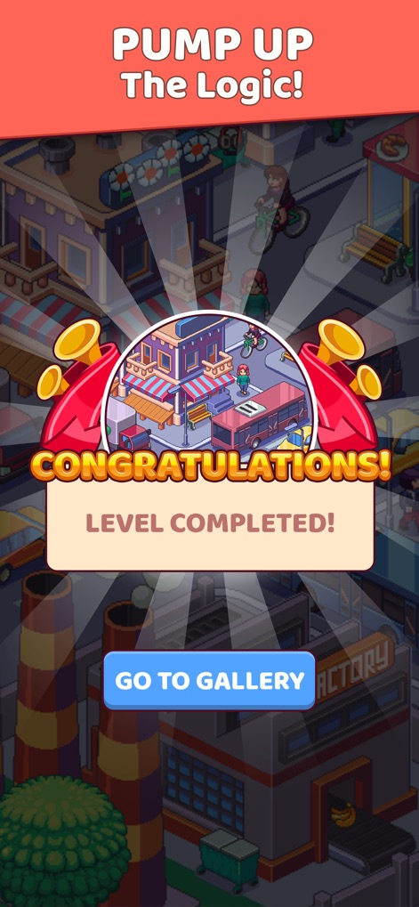 Picture Builder Pixel Puzzle - Los usuarios experimentan una gratificante pantalla de felicitación al completar un nivel, que destaca un botón de 'Go to Gallery' para ver y disfrutar de sus creaciones urbanas.
