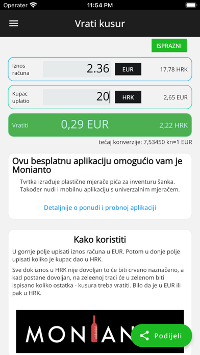 Vrati kusur Monianto EUR u kn Screenshot