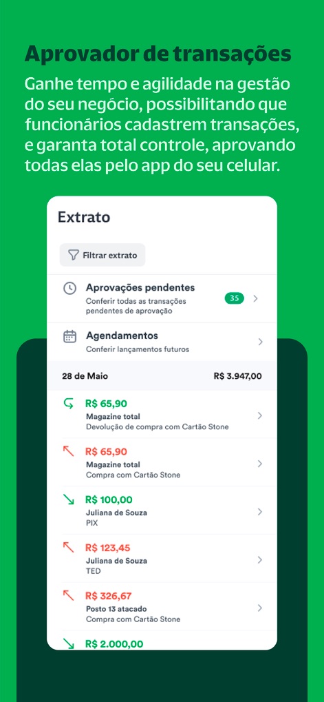 Stone: Maquininha e Conta PJ - Streamline business operations by managing pending transaction approvals and reviewing a detailed extract of all financial movements.