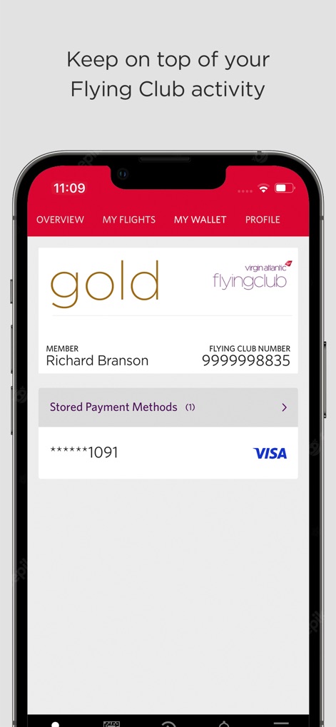 Virgin-Atlantic - Users can effortlessly track their Flying Club status, displayed prominently with their member tier like 'Gold', and manage 'Stored Payment Methods' directly within the app.