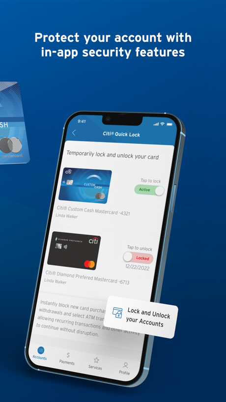 Citi Mobile® App Store screenshot 3, headline “Protect your account with in-app security features”. Leads with trust.