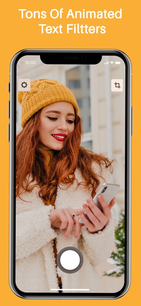 Hype-Type: Moving Text Photo-s - The integrated camera interface provides a prominent circular shutter button for capturing moments and a gear icon for quick access to settings.