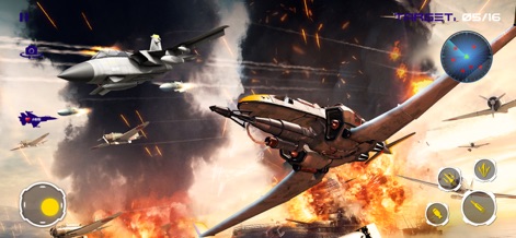 Ace Combat - Fighter Jet Games - 이 스크린샷은 폭발이 난무하는 전장에서 벌어지는 치열한 공중전을 생생하게 포착합니다. 미사일 발사와 여러 전투기가 뒤섞인 모습이 박진감을 더합니다.