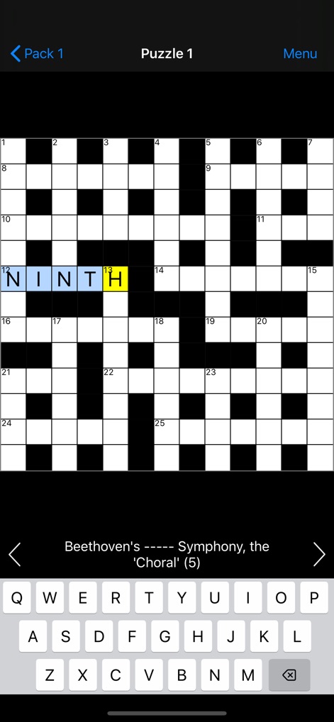 Crossword - The app presents a large, readable crossword grid for optimal viewing and a persistent on-screen keyboard for effortless letter entry.