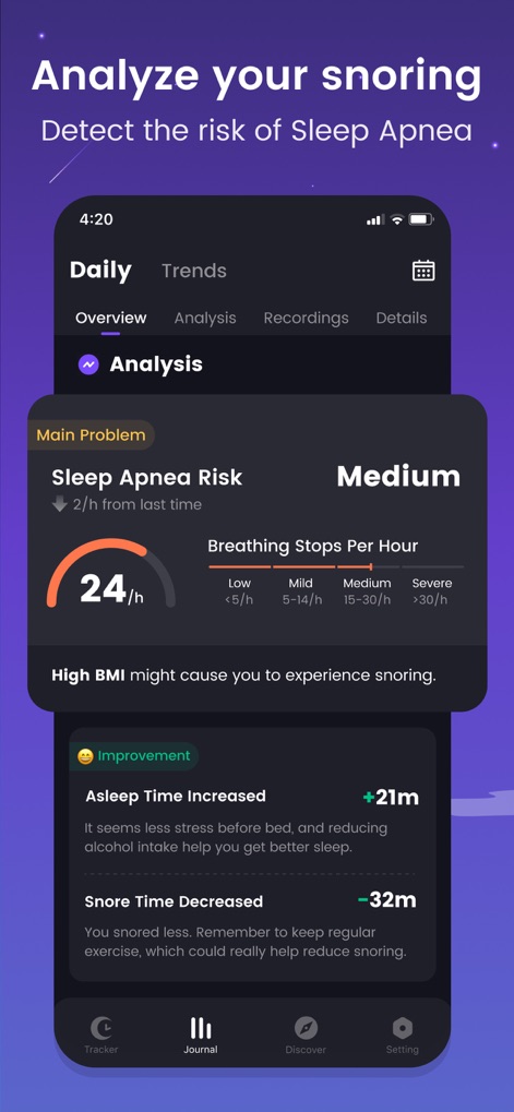 Mintal Tracker:Sleep Recorder - La aplicación presenta el nivel de Riesgo de Apnea del Sueño con detalles sobre paradas respiratorias por hora y ofrece sugerencias de mejora personalizadas, como el aumento del tiempo de sueño.